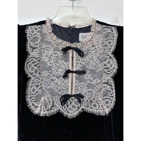 Saloni Cherie Bows Lace Velvet Mini Dress Black Pink Beaded Crystal US 6 - Picture 4 of 16